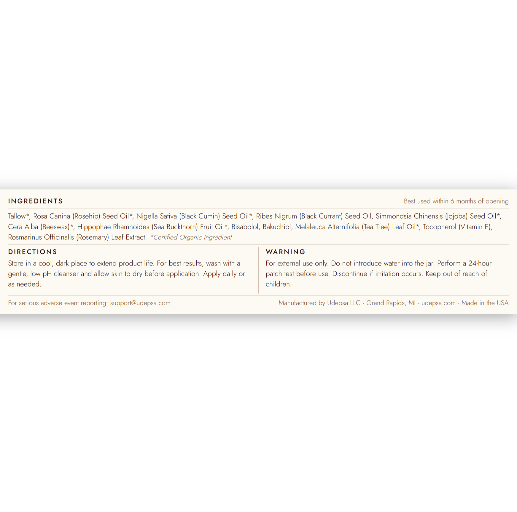 RNR Face & Body Balm — label info panel